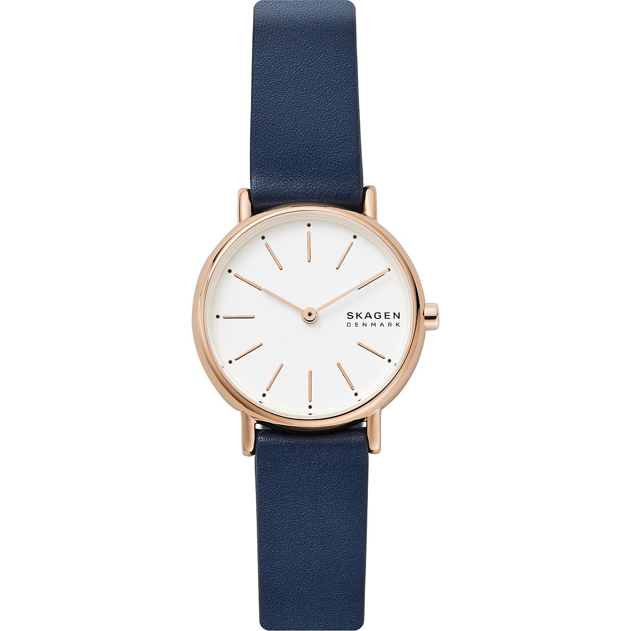 Skagen Damenuhr mit Roségold-Gehäuse, weißem Zifferblatt und blauem Lederarmband.