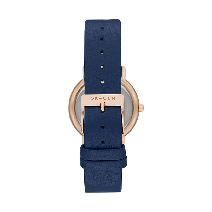 Skagen Damenuhr mit roséfarbenem Edelstahlgehäuse und blauem Lederarmband.
