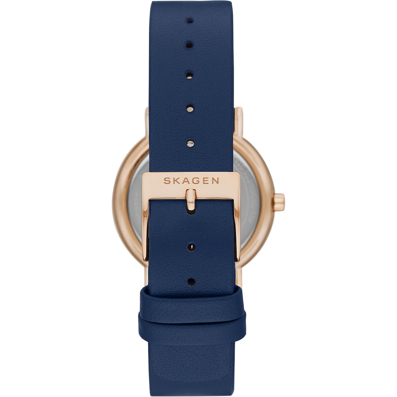 Skagen Damenuhr mit roséfarbenem Edelstahlgehäuse und blauem Lederarmband.