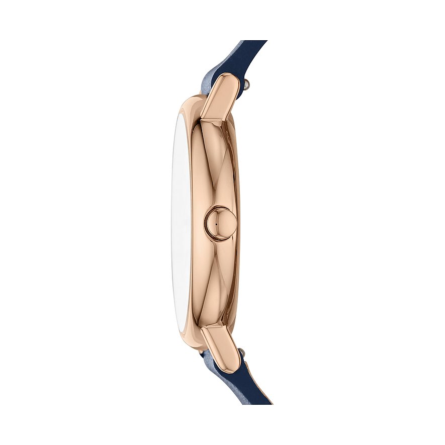 Skagen Damenuhr mit roségoldfarbenem Gehäuse und blauem Armband.