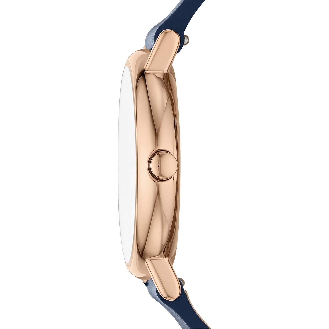 Skagen Damenuhr mit roségoldfarbenem Gehäuse und blauem Armband.