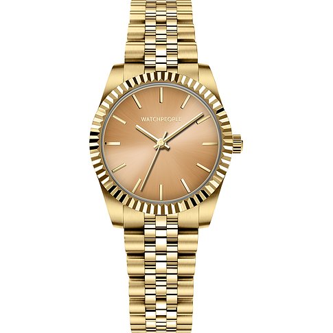 Watchpeople Damenuhr aus Edelstahl, goldfarben, mit geriffeltem Zifferblatt.