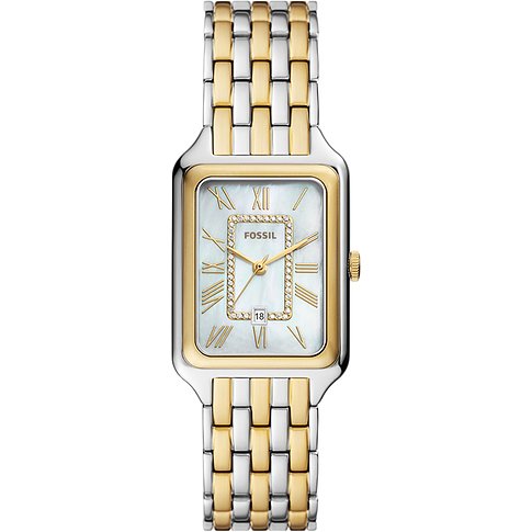 Fossil Damenuhr mit Edelstahlgehäuse, bicolor, analog, mit Zirkonia besetzt.