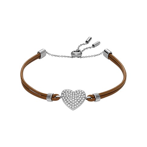 Bracelet Fossil en cuir et acier inoxydable avec pierres de verre et pendentif cœur.