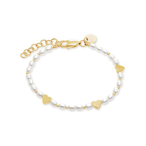 Bracciale GMK Collection in acciaio inossidabile con perle e ciondoli a cuore, color oro.