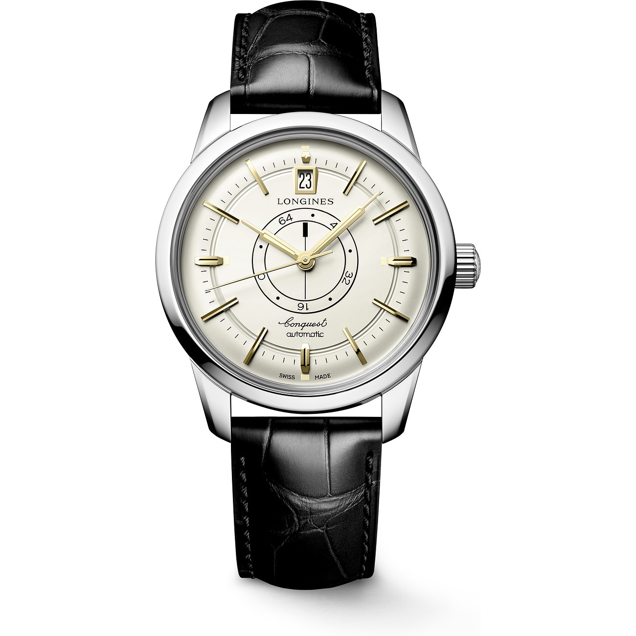 Longines Herrenuhr mit Edelstahlgehäuse, analog, mit goldenen Indizes und Datumsanzeige.
