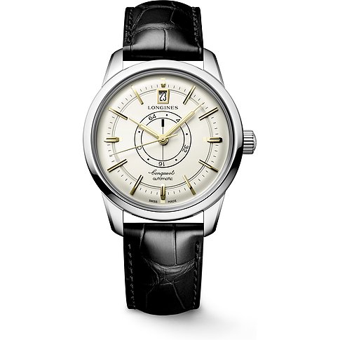 Longines Herrenuhr mit Edelstahlgehäuse, analog, mit goldenen Indizes und Datumsanzeige.