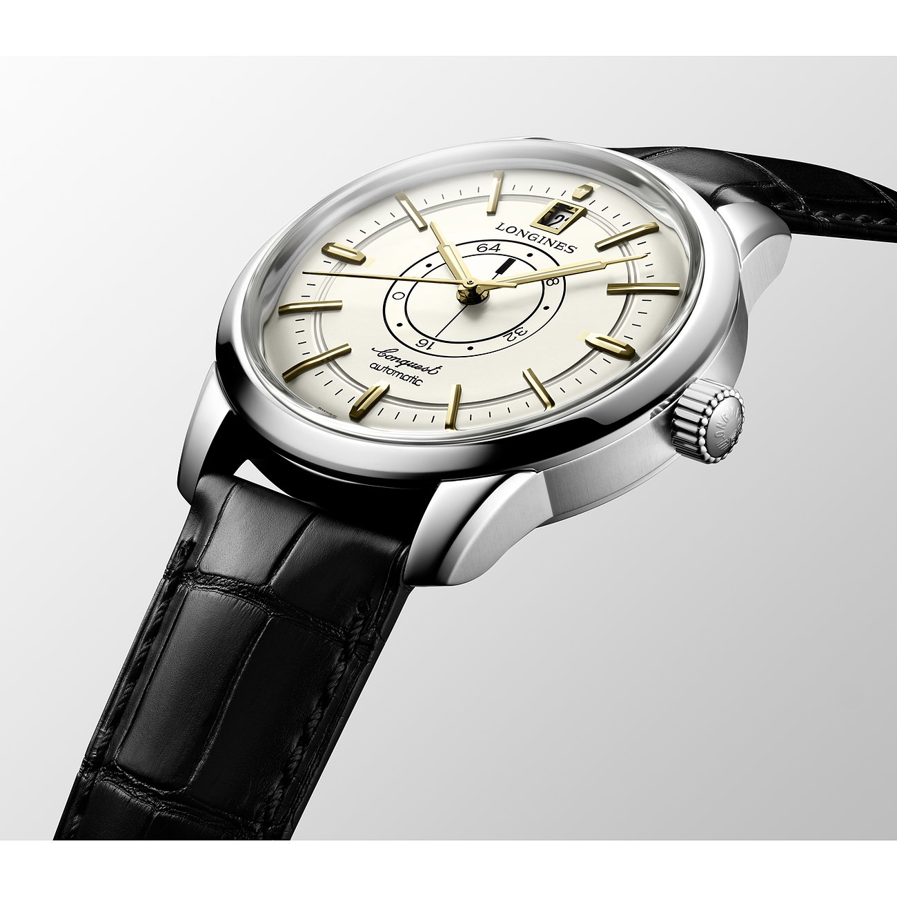 Longines Herrenuhr mit Edelstahlgehäuse, analog, mit goldenen Indizes und Datum.