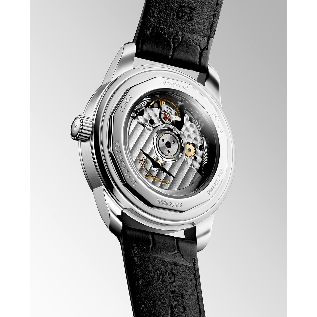 Longines Herrenuhr mit Edelstahlgehäuse und schwarzem Lederarmband.