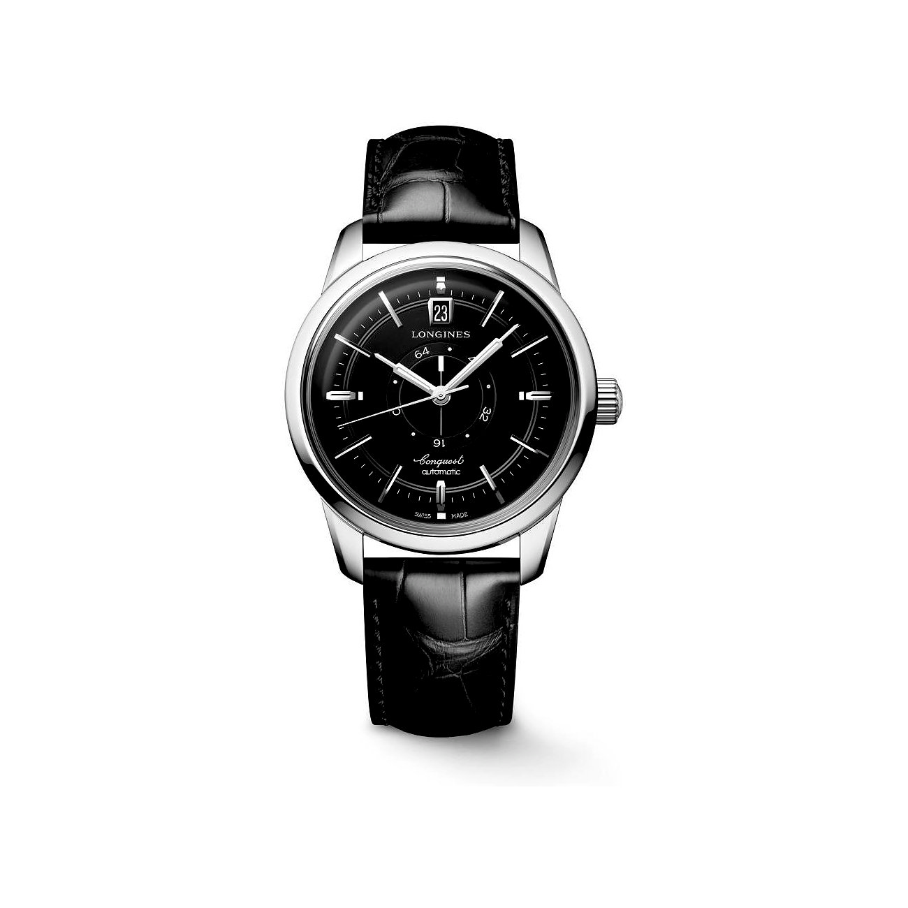 Longines Herrenuhr mit Edelstahlgehäuse und schwarzem Zifferblatt.