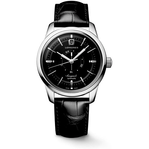 Longines Herrenuhr mit Edelstahlgehäuse und schwarzem Zifferblatt.