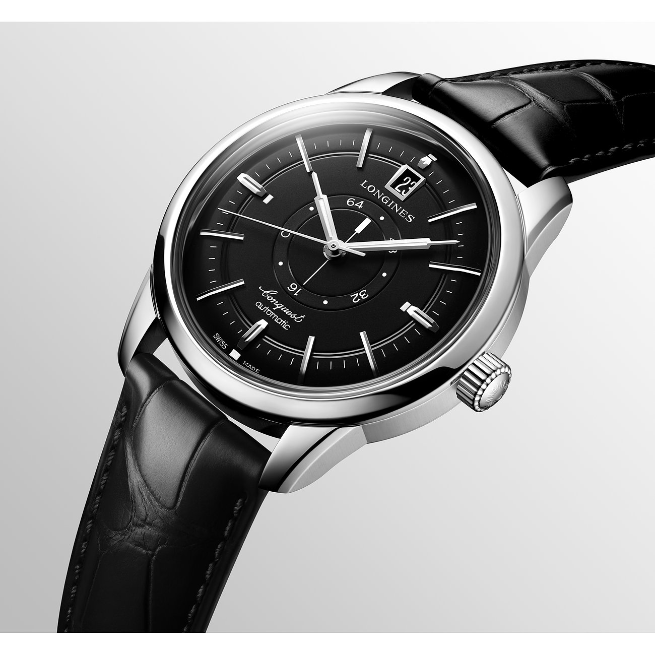 Longines Herrenuhr mit Edelstahlgehäuse, schwarzes Zifferblatt, analog.