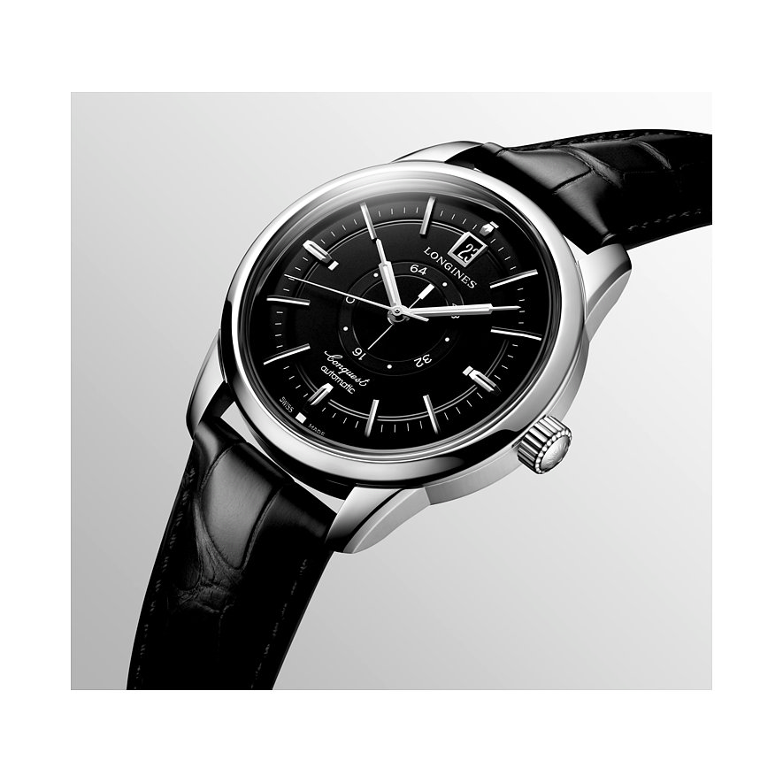 Longines Herrenuhr mit Edelstahlgehäuse, schwarzem Zifferblatt und Datum.