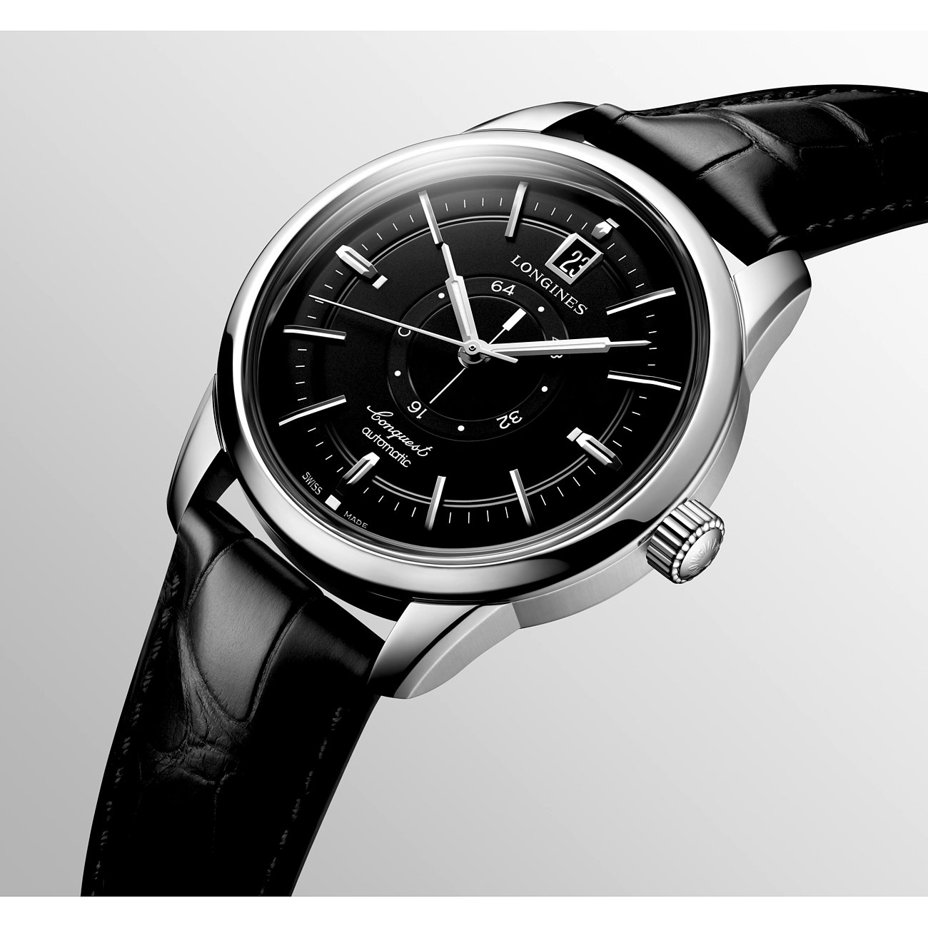 Longines Herrenuhr mit Edelstahlgehäuse, schwarzem Zifferblatt und Datum.