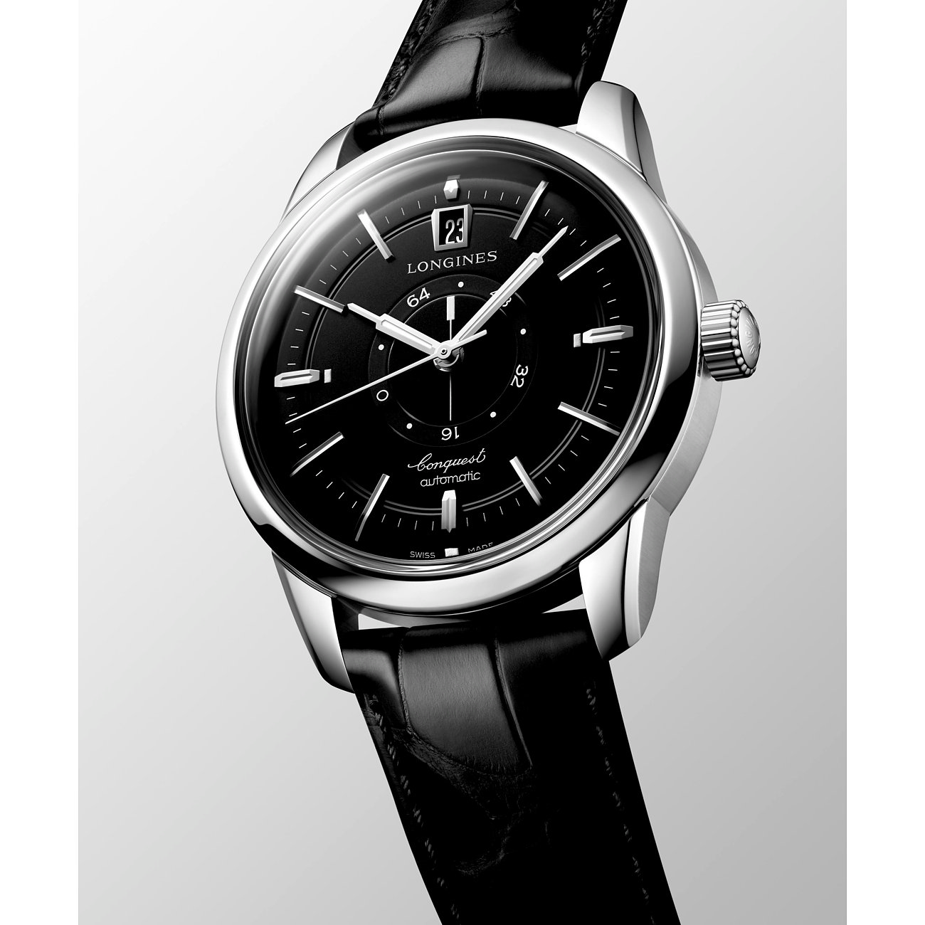 Longines Herrenuhr aus Edelstahl mit schwarzem Zifferblatt und Datum.