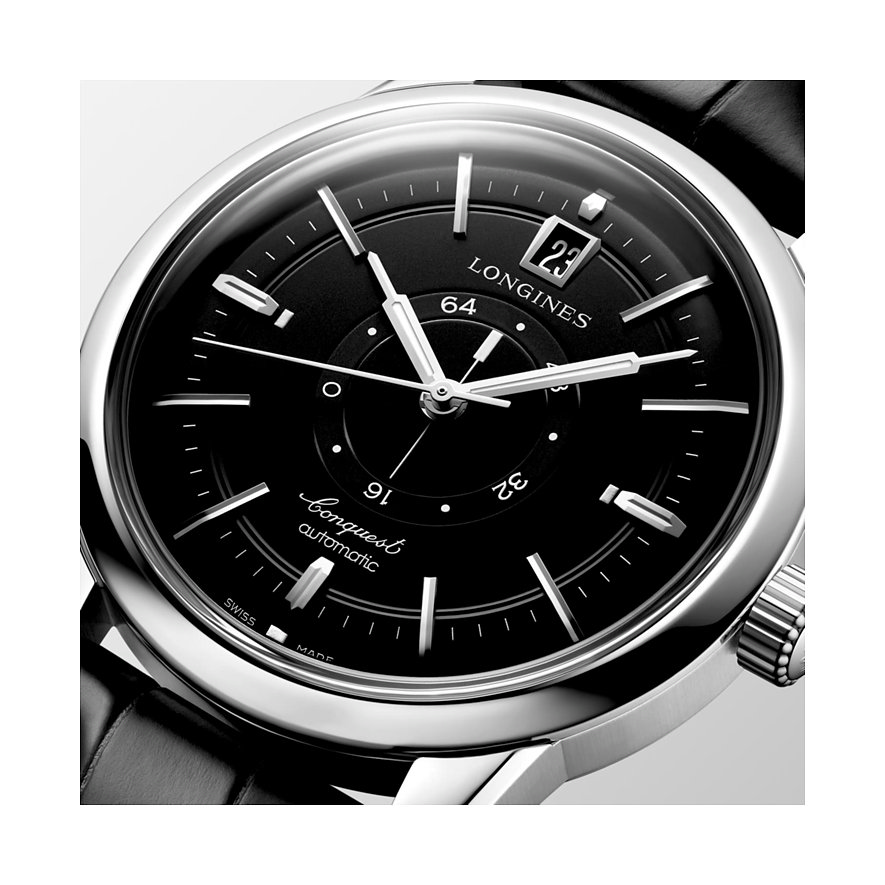 Longines Herrenuhr mit Edelstahlgehäuse, schwarzem Zifferblatt und Datumsanzeige.