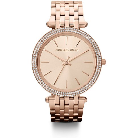 Michael Kors Damenuhr mit Edelstahlgehäuse, roségoldfarben, mit Steinen besetzter Lünette.