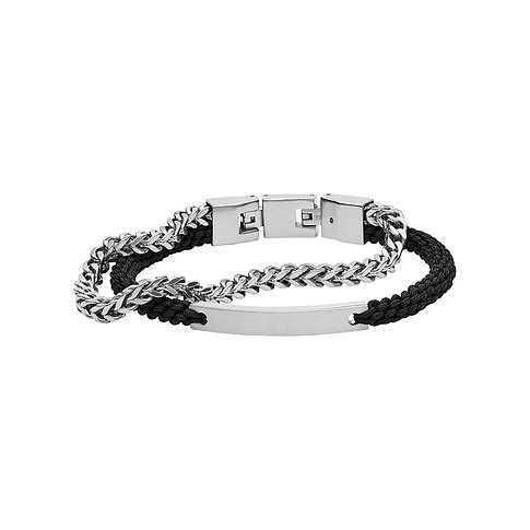 Fossil Armband aus Edelstahl mit Panzerkette und schwarzem Band.