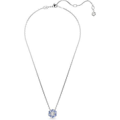Swarovski ketting van gerhodineerd metaal met blauwe kristallen en een centrale steen.
