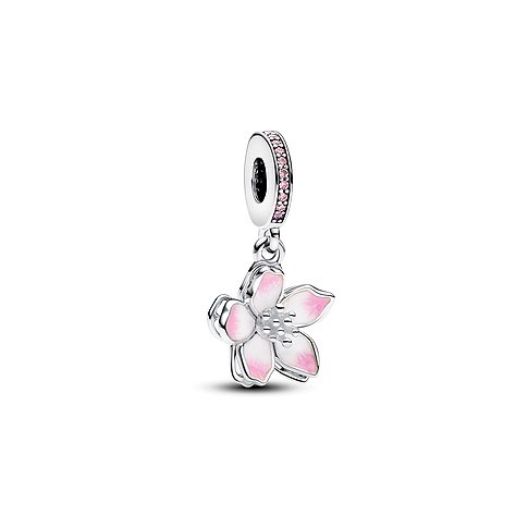 Pandora Anhängeschmuck aus 925er Silber mit rosa Zirkonia und weißer Emaille.