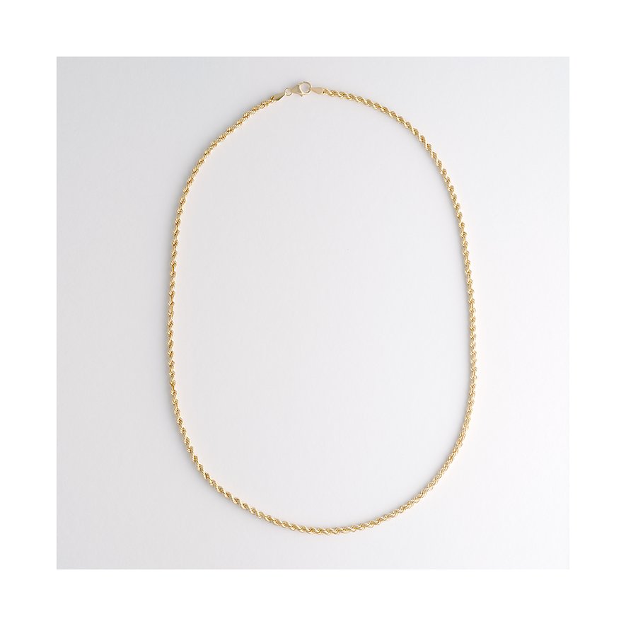 FAVS 375er Gelbgold-Halsschmuck als filigrane Kette mit Kordelgeflecht und Karabinerverschluss, von oben aufgenommen.