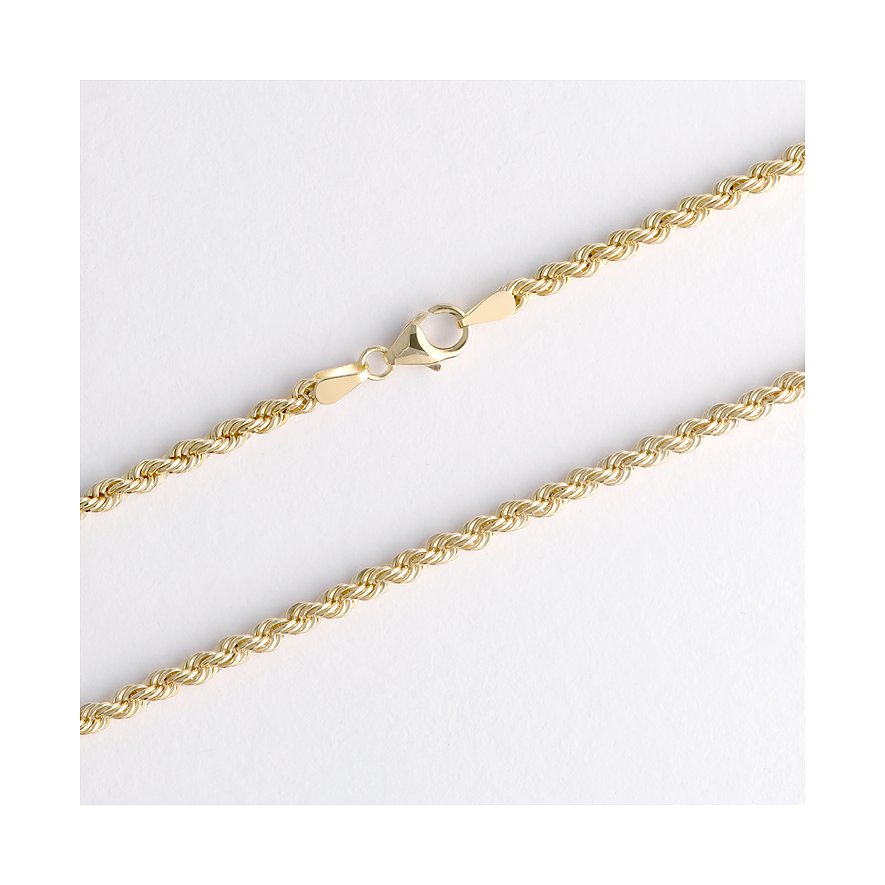 FAVS Halsschmuck: Eine nah aufgenommene, verdrehte Gliederkette aus 375er Gelbgold mit einem Karabinerverschluss.