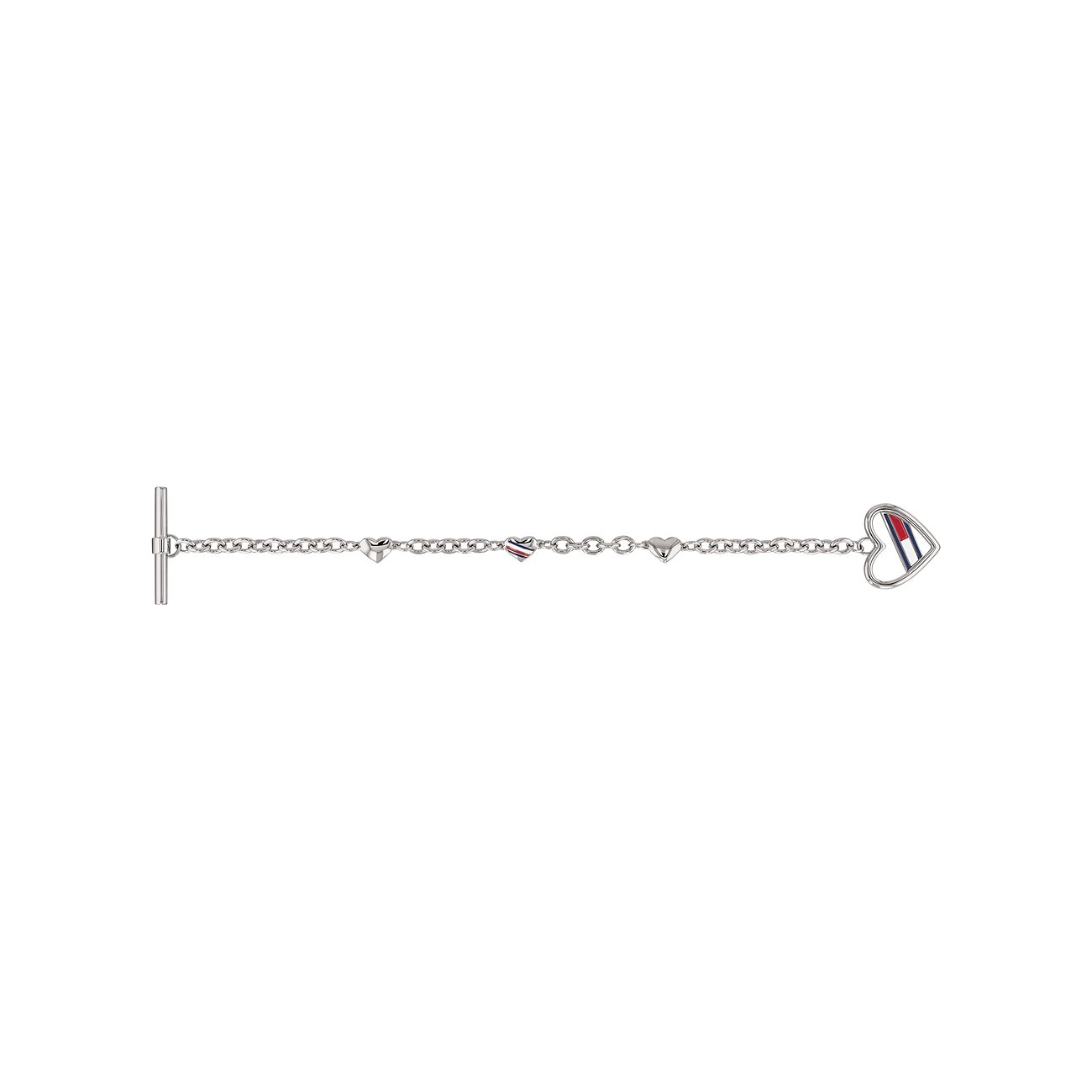 Tommy Hilfiger Armband aus Edelstahl mit Herzanhängern und Tommy-Logo.