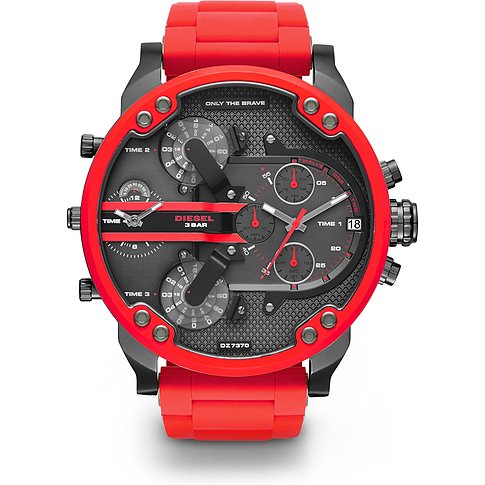 Diesel Herrenuhr mit Edelstahlgehäuse, analog, mit roten Akzenten.