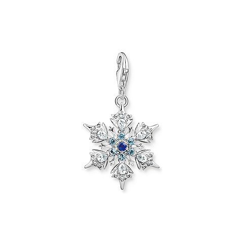 Thomas Sabo Anhänger aus 925er Silber mit blauen und weißen Zirkonia in Schneeflockenform.