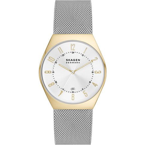 Skagen Herrenuhr mit Edelstahlgehäuse, silberfarbenes Mesh-Armband, weißes Zifferblatt.