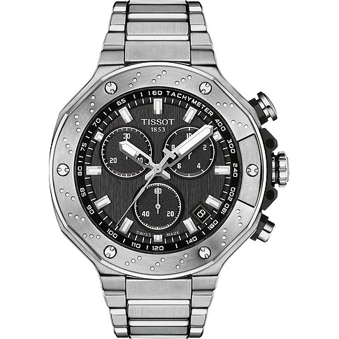 Tissot Herrenuhr mit Edelstahlgehäuse, analog, mit Chronograph und Datumsanzeige.