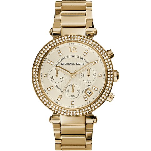 Michael Kors Damenuhr aus Edelstahl mit Steinen, analog, goldenes Gehäuse.