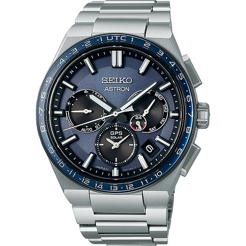 Seiko Herrenuhr aus Titan mit blauem Zifferblatt, GPS Solarfunktion und Datumsanzeige.