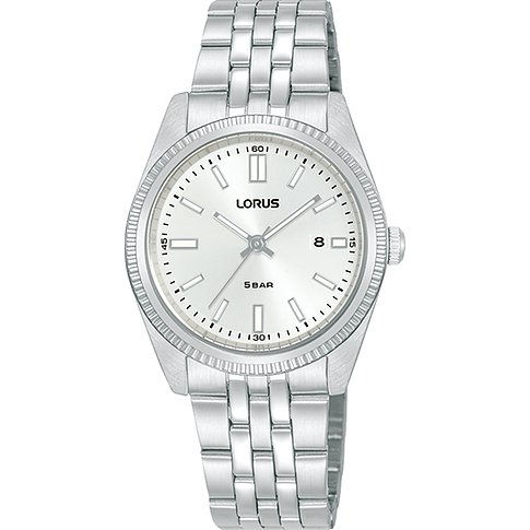 Montre Lorus pour femme en acier inoxydable avec cadran argenté et affichage de la date.