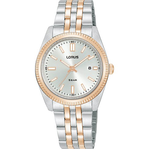 Montre Lorus pour femme avec boîtier en acier inoxydable, bicolore, analogique, avec date.