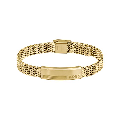 Boss Armband aus Edelstahl, goldfarben, mit Mesh-Gliederung und Logo-Plakette.
