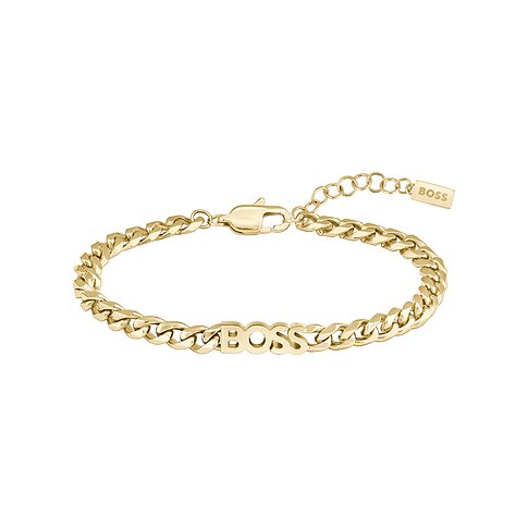 Boss Armband aus Edelstahl mit Schriftzug und Karabinerverschluss.