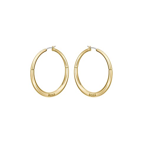 Ein Paar goldfarbener, runder Boss Ohrschmuck aus Edelstahl mit dem eingeprägten Boss-Logo.