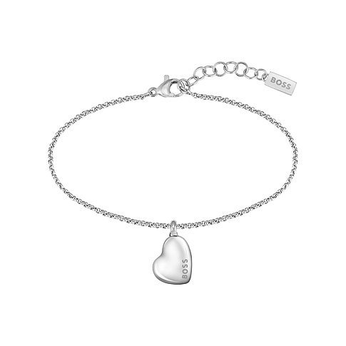 Boss Armband aus Edelstahl mit Herzanhänger und Boss-Logogravur, oben mit Verschluss und Verlängerungskette.