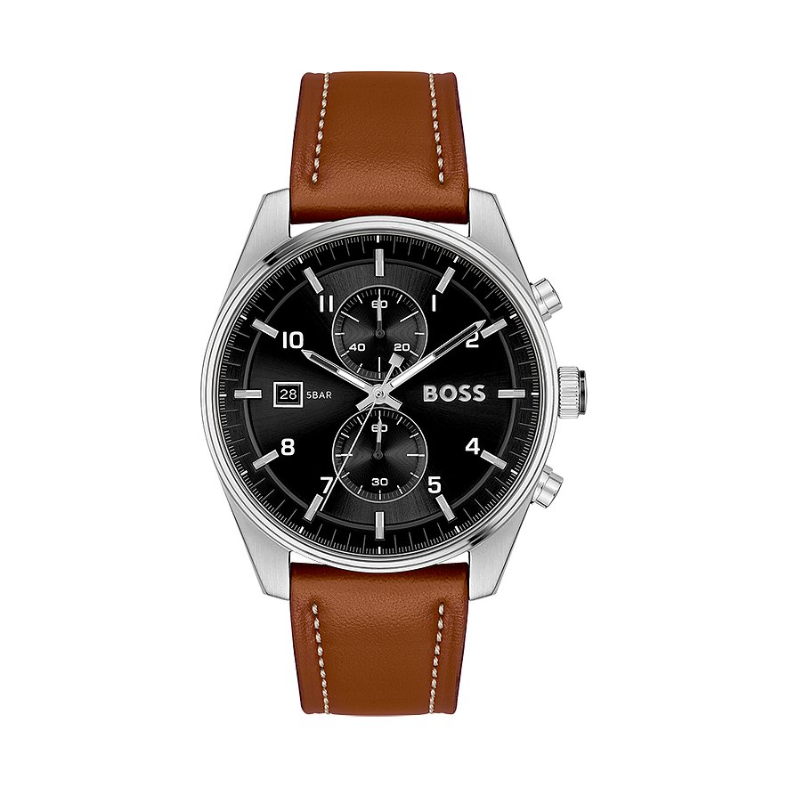 Boss Chronograph Skytraveller 1514161, Herren, Edelstahl, Armband: Kalbleder, Quarz, analog