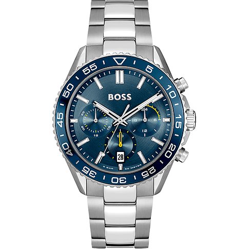 Boss Herrenuhr mit Edelstahlgehäuse, blauem Zifferblatt und Chronograph.
