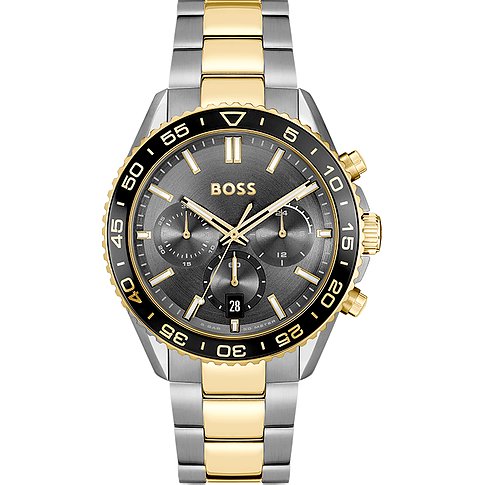 Boss Herrenuhr mit Edelstahlgehäuse, bicolor, mit Chronograph und Datum.