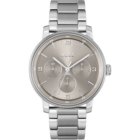Boss Herrenuhr aus Edelstahl mit silbernem Armband und grauem Zifferblatt, frontal auf weißem Hintergrund.