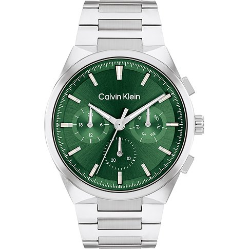 Calvin Klein Herrenuhr aus Edelstahl mit rundem, grünem Zifferblatt und Chronographenfunktionen.