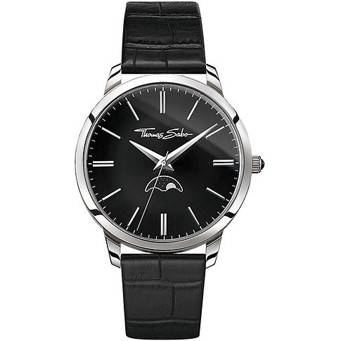 Thomas Sabo Herrenuhr mit Edelstahlgehäuse, schwarzem Zifferblatt und Mondphasenanzeige.
