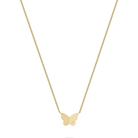Guido Maria Kretschmer gouden halsketting met een glanzende vlinderhanger, bezet met een diamant.