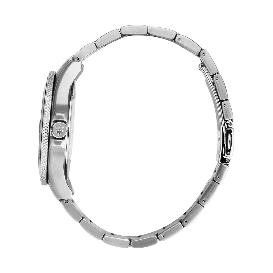 Maserati Herrenuhr aus Edelstahl mit gerändelter Lünette und Maserati-Logo.