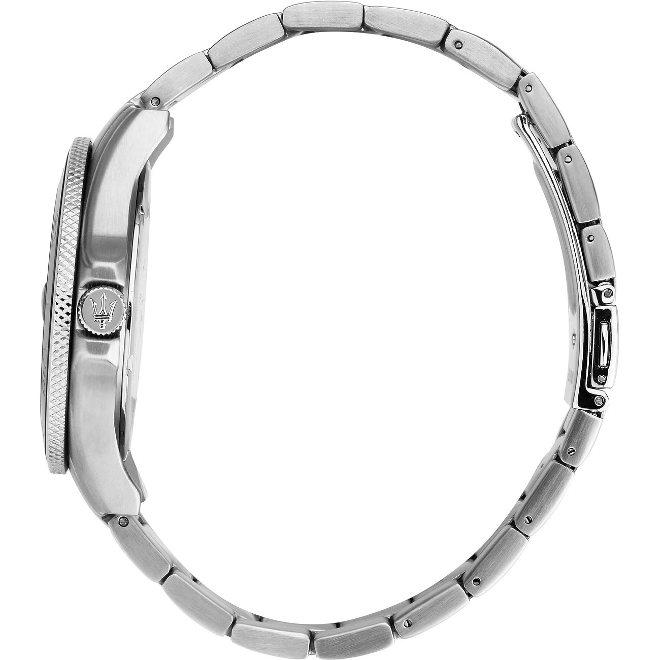 Maserati Herrenuhr aus Edelstahl mit gerändelter Lünette und Maserati-Logo.