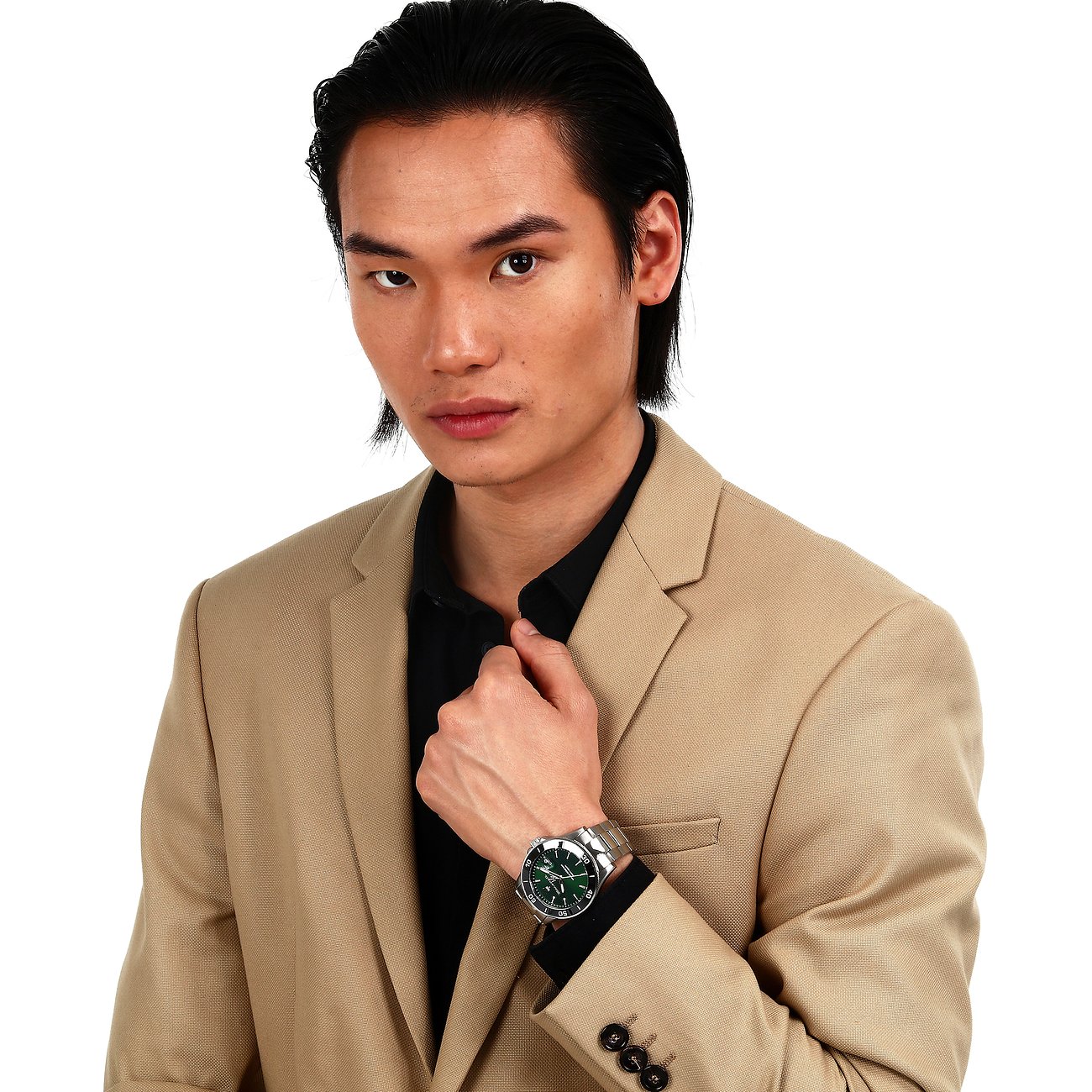 Maserati Herrenuhr mit Edelstahlgehäuse und grünem Zifferblatt.