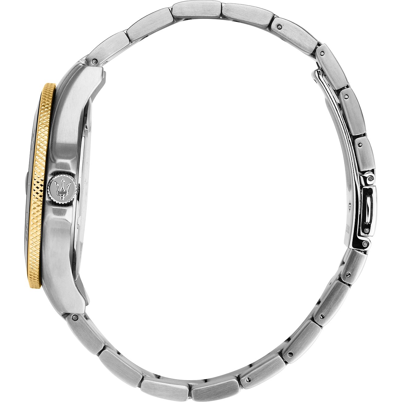Maserati-klocka med boett i rostfritt stål och guldfärgad ring.